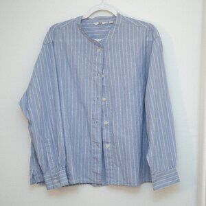 Linen Blend Band Collar Striped Long Sleeve Shirt
